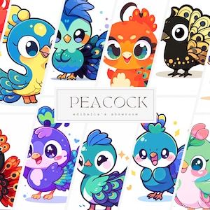 Peacock | Set of 12 | Clipart Bundle | 300 DPI JPEGs | 300 DPI Transparent PNGs | Digital Download | Free Commercial Use | Cute Rainbow Bird