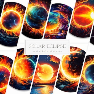 Eclipse solar / Conjunto de 12 / Paquete de imágenes prediseñadas / JPEG de 300 DPI / PNG transparentes de 300 DPI / Descarga digital / Uso comercial gratuito / Arte digital