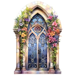 May include: A watercolor painting of a large, ornate, arched doorway with a stained glass window and a pair of iron gates. The doorway is covered in lush greenery and colorful flowers.
