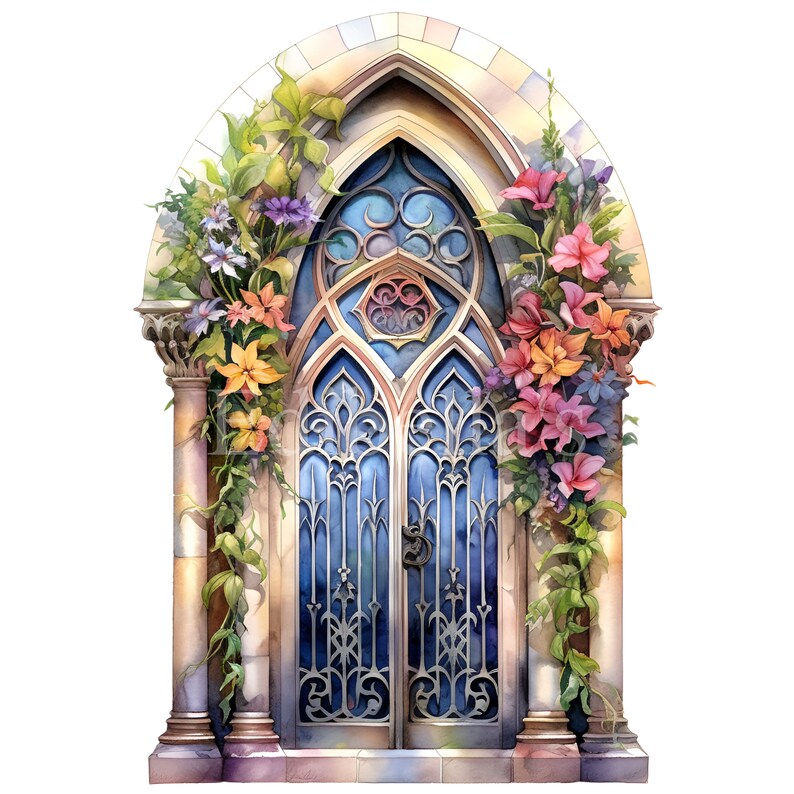 May include: A watercolor painting of a large, ornate, arched doorway with a stained glass window and a pair of iron gates. The doorway is covered in lush greenery and colorful flowers.