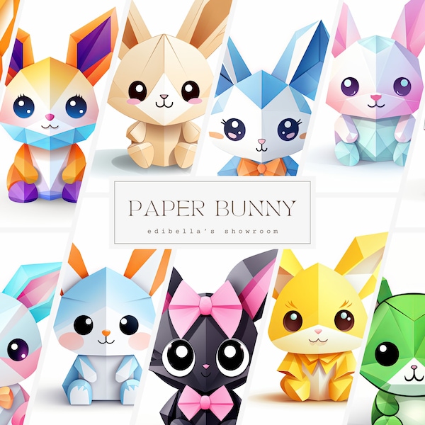 Paper Bunny | Set of 12 | Clipart Bundle | 300 DPI JPEGs | 300 DPI Transparent PNGs | Digital Download | Free Commercial Use | Cute Rabbit