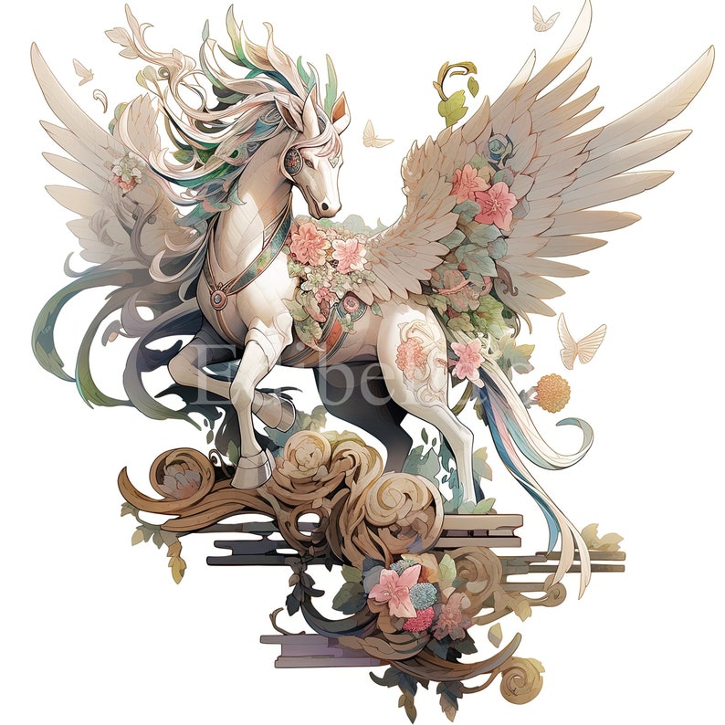 May include: A white winged horse with a floral design and a green and white mane. The horse is standing on a decorative platform with flowers and vines.