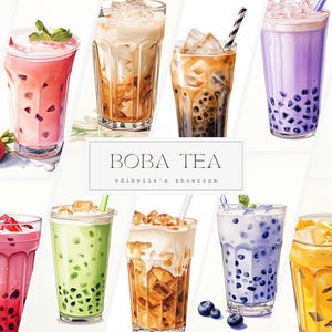 Boba-thee | Set van 12 | Clipartbundel | 300 dpi jpeg's | 300 dpi transparante png's | Digitale download | Gratis commercieel gebruik | Bubbelmelkthee