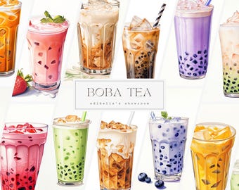 Boba Tea | Set of 12 | Clipart Bundle | 300 DPI JPEGs | 300 DPI Transparent PNGs | Digital Download | Free Commercial Use | Bubble Milk Tea