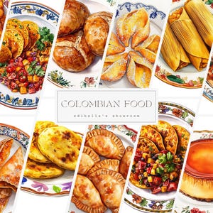 May include: A watercolour illustration of various Colombian foods, including empanadas, arepas, tamales, and flan. The illustration is titled "Colombian Food" and includes the text "edibella's showroom".
