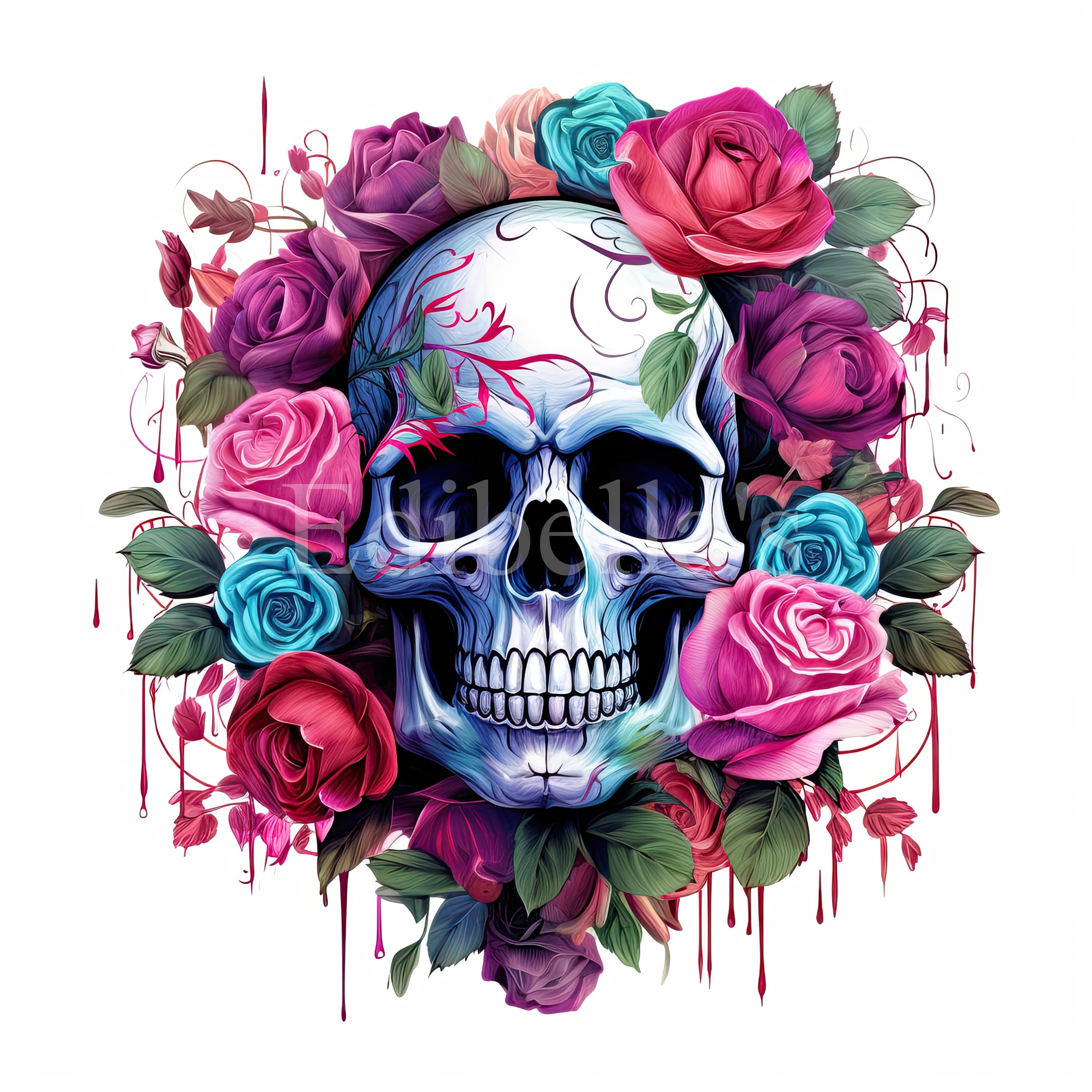 Skull with flowers Floral skull Sublimation designs PNG files Watercolor  clipart Sublimation transfers Downloadable print Tshirt design png