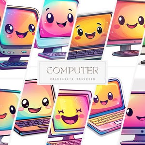 Happy Computer | Set of 12 | Clipart Bundle | 300 DPI JPEGs | 300 DPI Transparent PNGs | Digital Download | Free Commercial Use | Laptop
