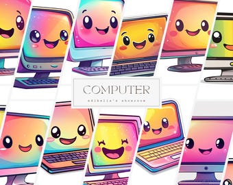 Happy Computer | 12er-Set | Clipart-Bundle | 300 DPI JPEGs | 300 DPI transparente PNGs | Digitaler Download | Kommerzielle Nutzung | Laptop