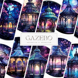 Può includere: Una collezione di nove illustrazioni digitali di gazebo fantasiosi con dettagli intricati, su uno sfondo di notti stellate e fiori in fiore. Ogni gazebo presenta un design e una combinazione di colori unici, creando un'atmosfera magica e incantevole.
