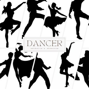 May include: Silhouettes of dancers in various poses, with the word "DANCER" and the text "edibella's showroom" below.