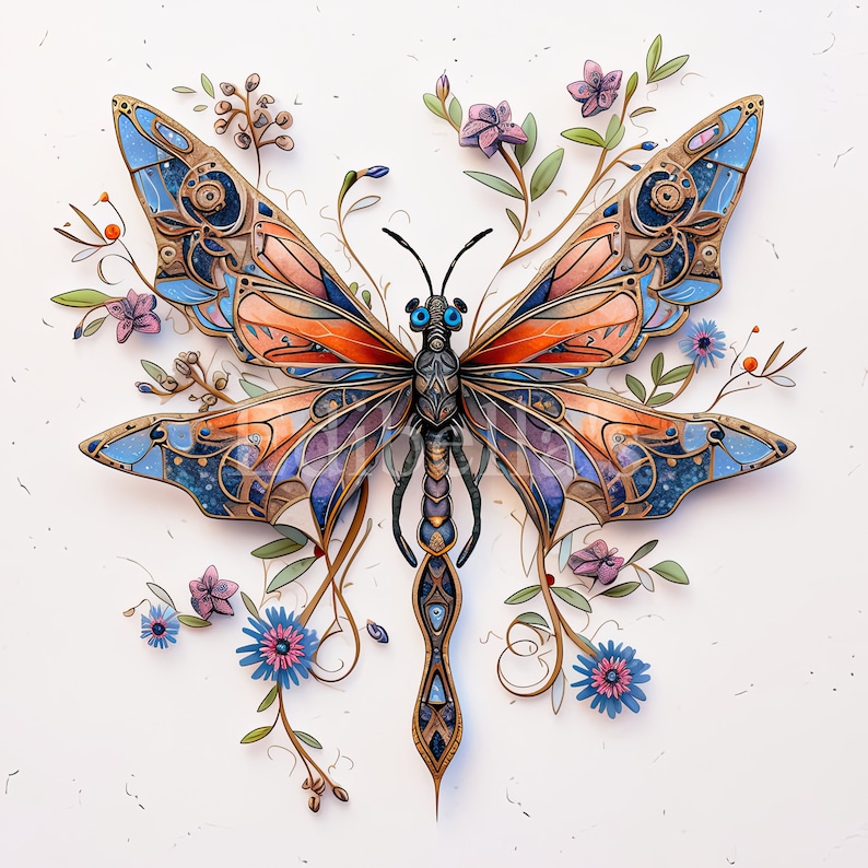 Puede incluir: Una mariposa de papel artesanal detallada, intrincada y colorida con detalles met&aacute;licos y ojos azules. La mariposa est&aacute; rodeada de delicadas flores de papel en tonos de rosa y azul.