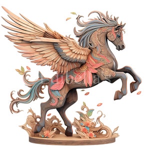 May include: A wooden sculpture of a winged horse with intricate details. The horse is painted in shades of brown, blue, pink, and green. The wings are spread out and the horse is rearing up on its hind legs. The sculpture is set on a wooden base with floral details.