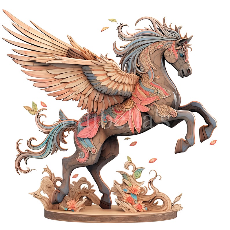 May include: A wooden sculpture of a winged horse with intricate details. The horse is painted in shades of brown, blue, pink, and green. The wings are spread out and the horse is rearing up on its hind legs. The sculpture is set on a wooden base with floral details.