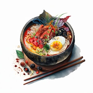 Puede incluir: Un tazón de ramen con un huevo frito, carne y verduras. El tazón está sobre una superficie de madera con palillos a su lado.