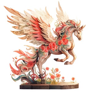 May include: A white winged horse with red and gold floral accents, standing on a wooden base with green foliage and red flowers.