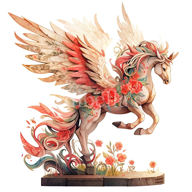 May include: A white winged horse with red and gold floral accents, standing on a wooden base with green foliage and red flowers.
