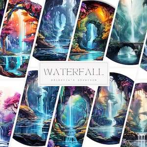 Puede incluir: Un collage de diez pinturas digitales que representan cascadas en bosques exuberantes y vibrantes. Cada imagen presenta una perspectiva única de una cascada que cae a través de una cueva o sobre una formación rocosa. Los colores son brillantes y saturados, con tonos de azul, verde y morado que dominan las escenas.