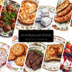 Australisches Essen | 12er-Set | Clipart-Bundle | 300 DPI JPGs | 300 DPI transparente PNGs | Digitaler Download | Kommerzielle Nutzung | Lebensmittel-Kunst