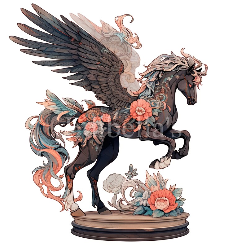 May include: A black winged horse with a floral design, standing on a pedestal with flowers. The horse has a flowing mane and tail, and the flowers are in shades of pink, orange, and blue.