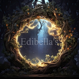May include: A glowing, circular portal formed by a thick, gnarled tree trunk in a dark forest. The portal is surrounded by green leaves and vines, and the light from the portal illuminates the surrounding trees.