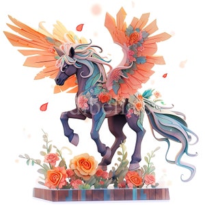 May include: A black unicorn with wings made of paper and flowers. The wings are a mix of orange and pink, and the flowers are a mix of pink, white, and blue. The unicorn is standing on a wooden platform with flowers and greenery around it.