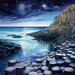 May include: A watercolor painting of the Giant's Causeway in Northern Ireland. The image shows the basalt columns, which are a natural wonder, under a starry night sky. The water is a deep blue, and the sky is a dark blue with white clouds.
