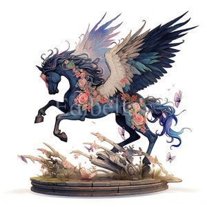 May include: A blue winged horse with a floral mane and tail, standing on a skeletal base with flowers and butterflies. The horse is a mythical creature with a powerful and elegant presence.