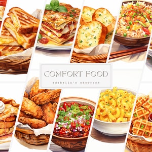 Wohlfühl Essen | 12er-Set | Clipart-Bundle | 300 DPI JPEGs | 300 DPI transparente PNGs | Digitaler Download | Kommerzielle Nutzung | Lebensmittel-Kunst