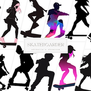 Skateboardersilhouet | Set van 12 | Clipartbundel | 300 DPI JPG's | 300 DPI transparante PNG's | Digitale download | Gratis commercieel gebruik