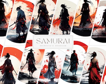 Samurai / Conjunto de 12 / Paquete de imágenes prediseñadas / JPG de 300 DPI / PNG transparentes de 300 DPI / Descarga digital / Uso comercial gratuito / Arte digital