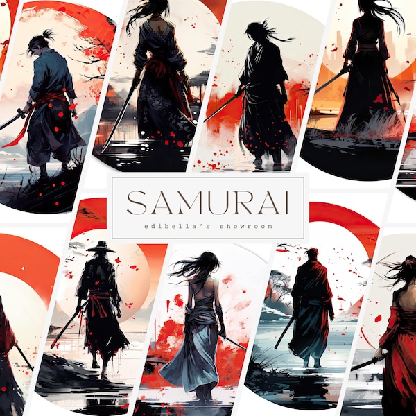 Samurai | Set of 12 | Clipart Bundle | 300 DPI JPGs | 300 DPI Transparent PNGs | Digital Download | Free Commercial Use | Digital Art