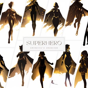 Superheld | 12er-Set | Clipart-Bundle | 300 DPI JPGs | 300 DPI transparente PNGs | Digitaler Download | Kommerzielle Nutzung | Mädchen mit Umhang