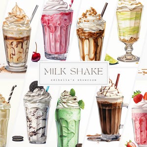 Milk-shake | Lot de 12 | Lot de cliparts | JPEG 300 ppp | PNG transparents 300 DPI | Téléchargement numérique | Utilisation commerciale gratuite | Art du lait frappé