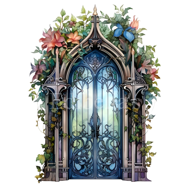 May include: A large, ornate, iron gate with a blue and green stained glass design. The gate is surrounded by lush green vines and flowers in shades of pink, red, and blue.