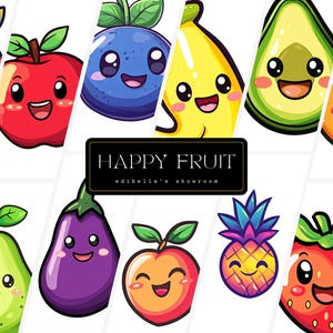 Happy Fruit | Set of 12 | Clipart Bundle | 300 DPI JPGs | 300 DPI Transparent PNGs | Digital Download | Free Commercial Use | Cute Fruit
