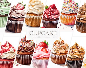 Cupcake | Set of 12 | Clipart Bundle | 300 DPI JPEGs | 300 DPI Transparent PNGs | Digital Download | Free Commercial Use | Digital Food Art