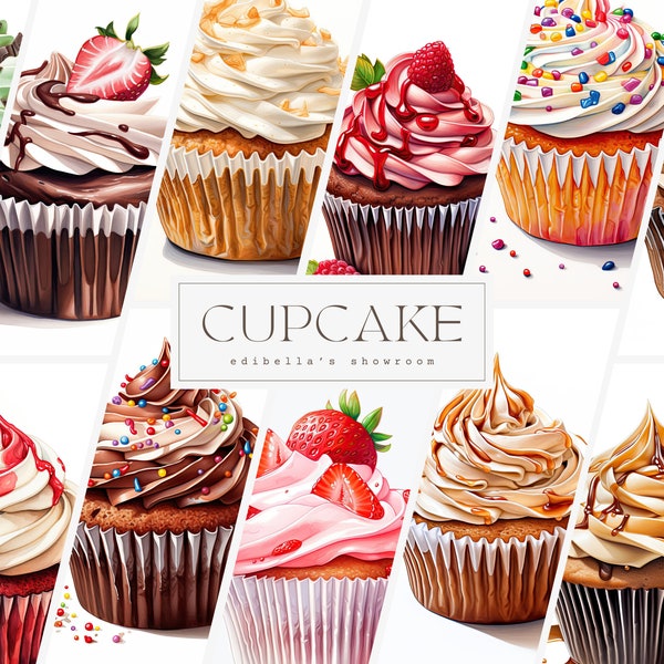 Cupcake | Set of 12 | Clipart Bundle | 300 DPI JPEGs | 300 DPI Transparent PNGs | Digital Download | Free Commercial Use | Digital Food Art