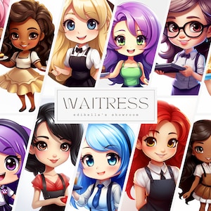 Waitress | Set of 12 | Clipart Bundle | 300 DPI JPEGs | 300 DPI Transparent PNGs | Digital Download | Free Commercial Use | Cartoon Waiter