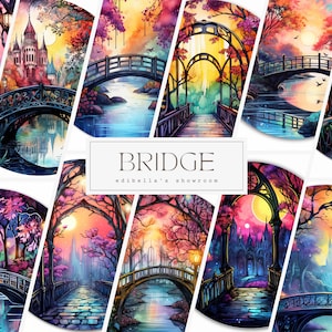 Puede incluir: Una colección de diez acuarelas que representan puentes en diversos entornos fantásticos. Cada puente es único en su diseño y está rodeado de exuberante vegetación, flores coloridas y detalles caprichosos. Las pinturas se titulan "Bridge" y llevan el nombre del artista, "edibella's showroom".