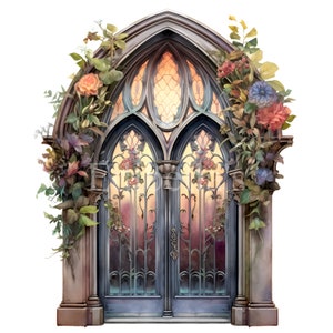 May include: A pair of ornate, arched, iron-wrought doors with stained glass panels. The doors are framed by stone and adorned with a lush garland of flowers and vines.