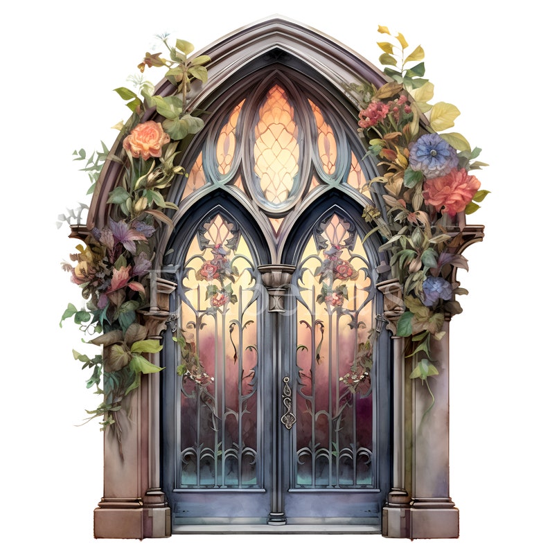 May include: A pair of ornate, arched, iron-wrought doors with stained glass panels. The doors are framed by stone and adorned with a lush garland of flowers and vines.