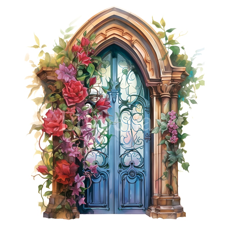 May include: A blue double door with intricate ironwork and stained glass panels is framed by a stone archway. The archway is covered in lush green vines with red and purple flowers.