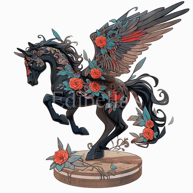 May include: A black winged horse with red and blue floral designs, standing on a wooden base.