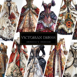 Vestido Vitoriano 1 | Conjunto de 12 | Pacote de Clipart | JPGs de 300 DPI | PNGs Transparentes de 300 DPI | Download Digital | Uso Comercial Gratuito | Moda