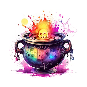 May include: A black cauldron with a skull floating in a swirling, rainbow-colored liquid. The cauldron is surrounded by colorful paint splatters.