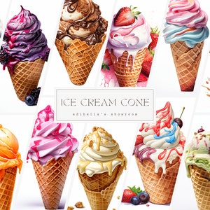 Cono gelato / Set da 20 / Pacchetto Clipart / JPEG 300 DPI / PNG trasparenti 300 DPI / Download digitale / Uso commerciale gratuito / Arte alimentare