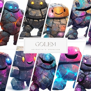 Gólem de piedra / Conjunto de 12 / Paquete de imágenes prediseñadas / JPEG de 300 DPI / PNG transparentes de 300 DPI / Descarga digital / Uso comercial gratuito / Gigante de roca