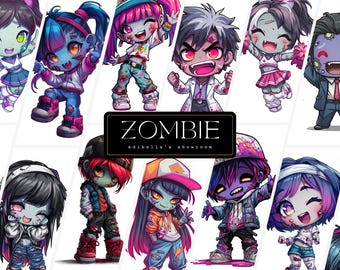 Zombie | Set of 12 | Clipart Bundle | 300 DPI JPGs | 300 DPI Transparent PNGs | Digital Download | Free Commercial Use | Cute Halloween Art