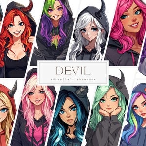 Devil | Set of 12 | Clipart Bundle | 300 DPI JPGs | 300 DPI Transparent PNGs | Digital Download | Free Commercial Use | Girl Devil in Hoodie