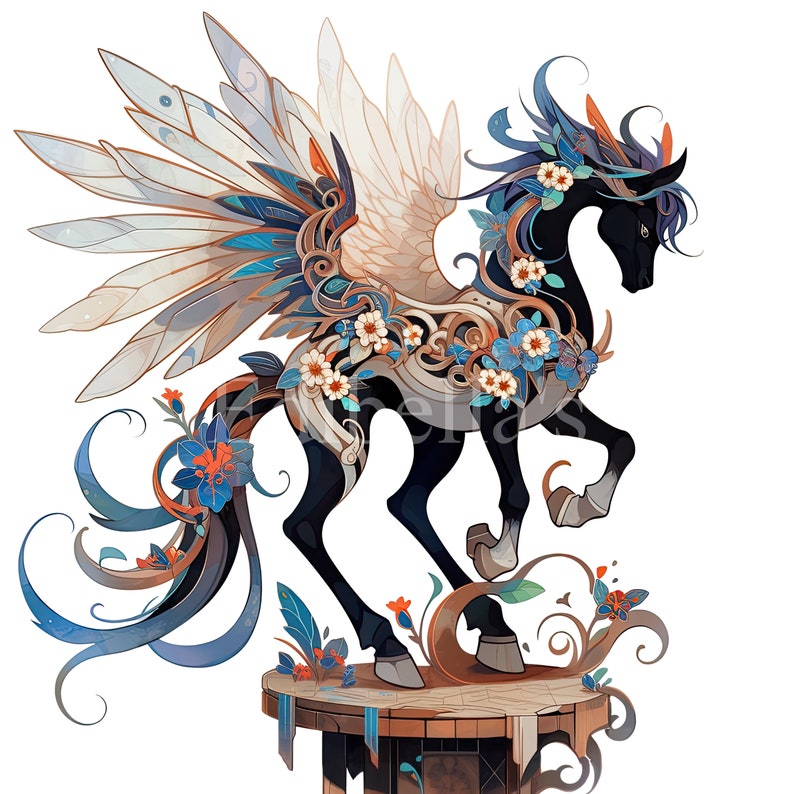 May include: A black winged horse with blue and white floral accents stands on a wooden pedestal. The horse has a flowing blue mane and tail, and its wings are adorned with intricate details.